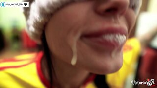 Blindfolded Brunette Deepthroat Big Cock and Facial POV